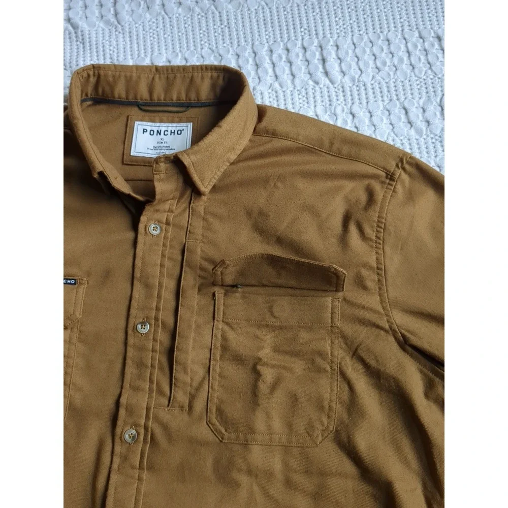 Poncho Flannel Slim Fit Magnetic Button Down Long Sleeve Shirt Brown Sz XL